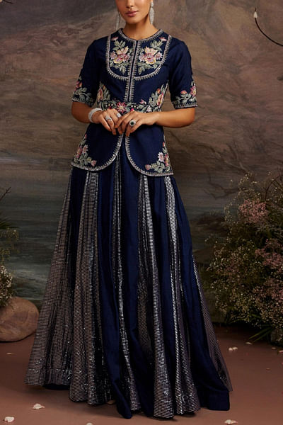 Navy blue embroidered jacket and skirt set