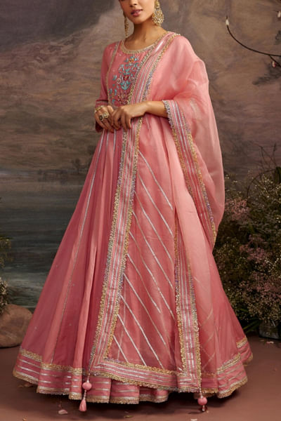 Peach embroidered anarkali set