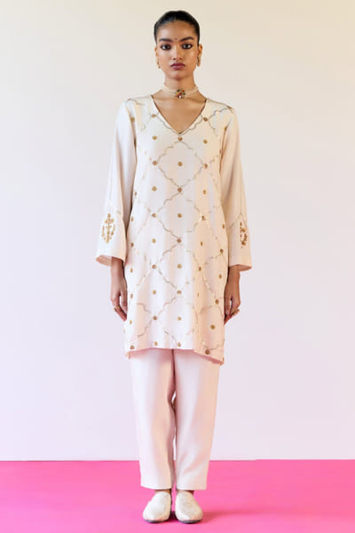 Ecru sequin and gota embroidered tunic set