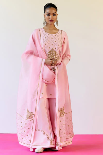 Pink gota and sequin embroidered sharara set