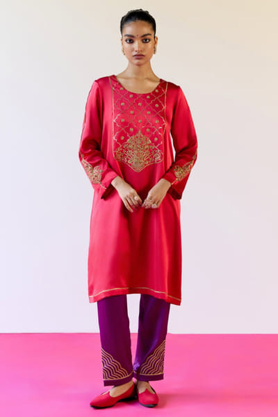 Red and purple gota embroidered tunic set