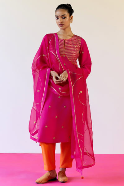 Hot pink and orange gota appliqued kurta set