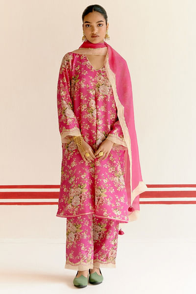 Hot pink floral printed kurta set