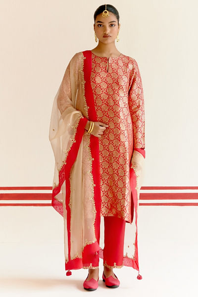 Red brocade kurta set