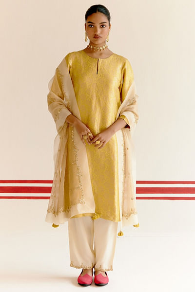 Yellow brocade kurta set