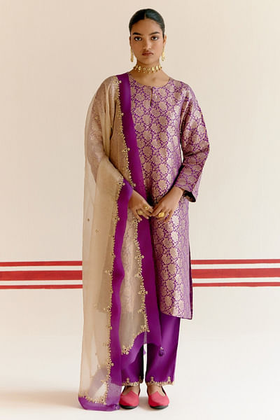 Purple brocade kurta set