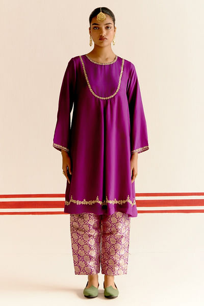 Purple zardozi embroidered kurta set