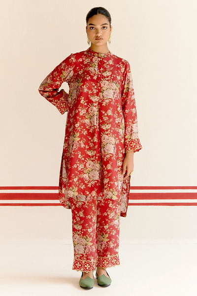 Red floral printed co-ords