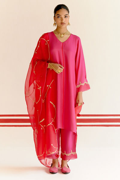 Hot pink embroidered kurta set