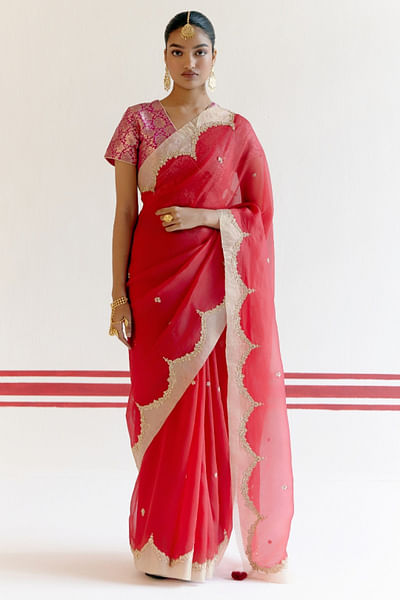 Red zardozi embroidered sari set