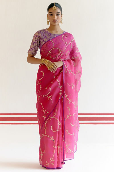 Hot pink zardozi embroidered sari set