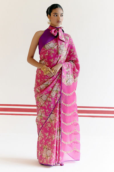 Hot pink floral printed sari set