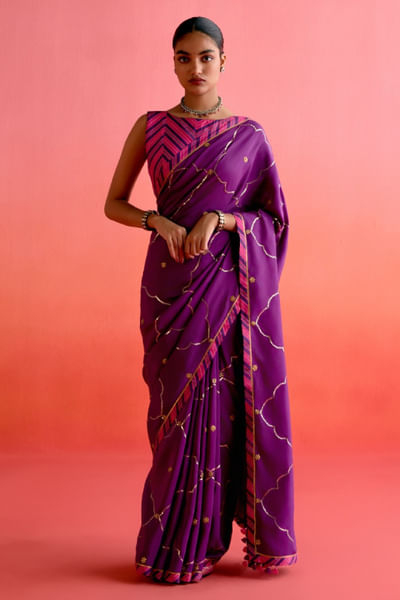 Purple sequin embroidered sari set