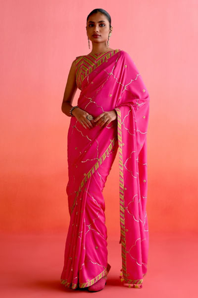 Hot pink sequin embroidered sari set