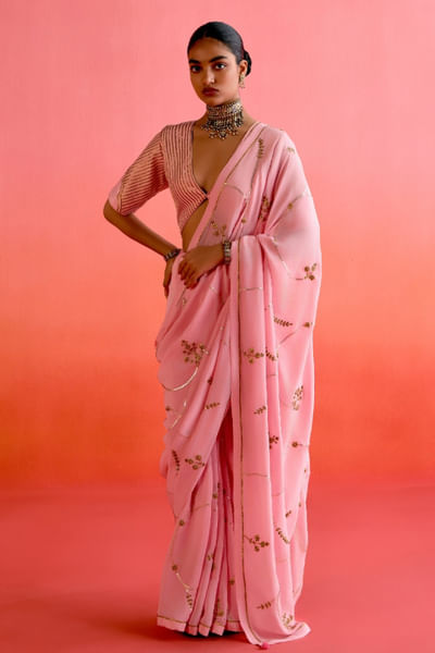 Pink floral embroidered sari set
