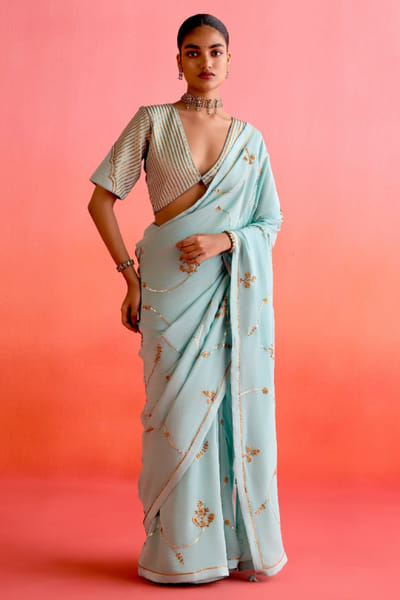 Blue floral embroidered sari set