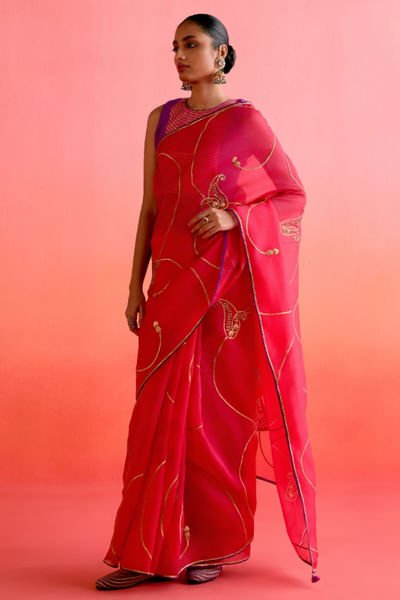 Red zardozi embroidered sari set