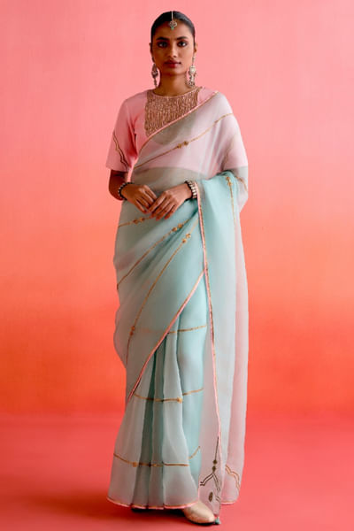 Blue gota embroidered sari set