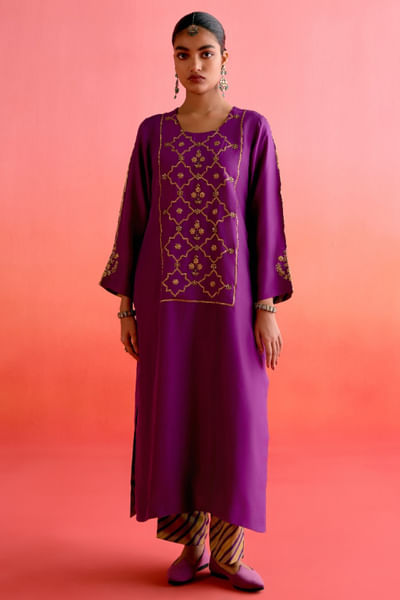 Purple zardozi embroidered kurta set