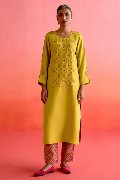 Lime green embroidered kurta set