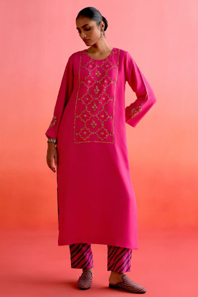 Hot pink zardozi embroidered kurta set