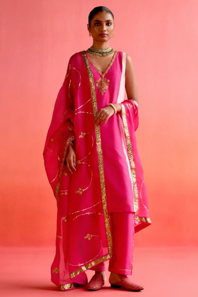 Pink gota and zardozi embroidered kurta set