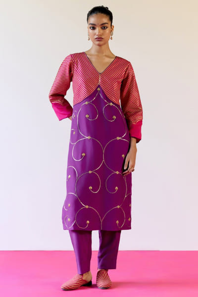 Purple and hot pink embroidered tunic set
