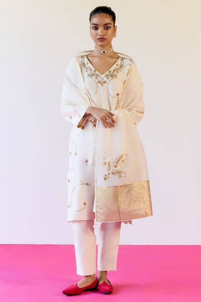 Ecru sequin and gota embroidered kurta set