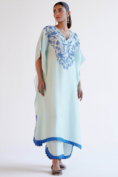 Light blue resham embroidered kaftan set