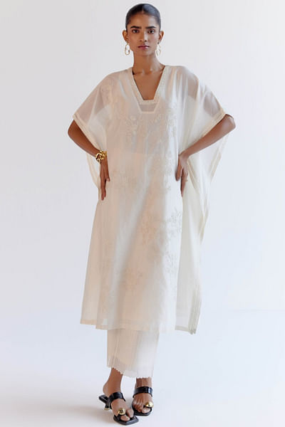 Ivory resham embroidered kaftan set