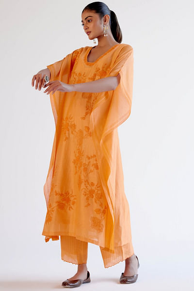 Orange resham embroidered kaftan set