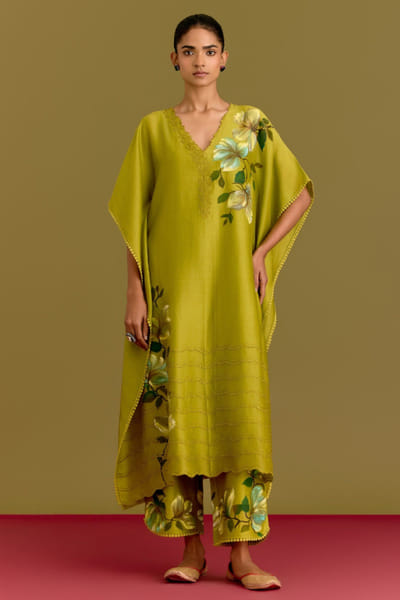 Devnaagri Green handpainted and embroidered kaftan set DEVNJUN26D246667