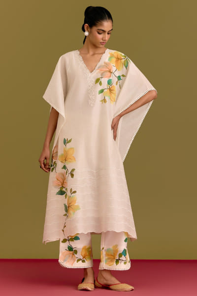 Devnaagri Ivory handpainted and embroidered kaftan set DEVNJUN26D246666