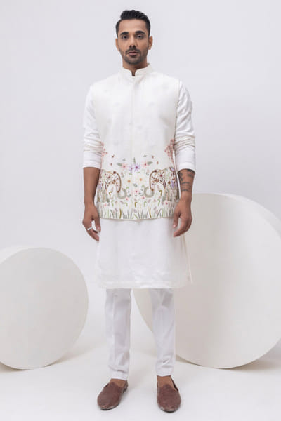 Ivory elephant embroidered Nehru jacket set