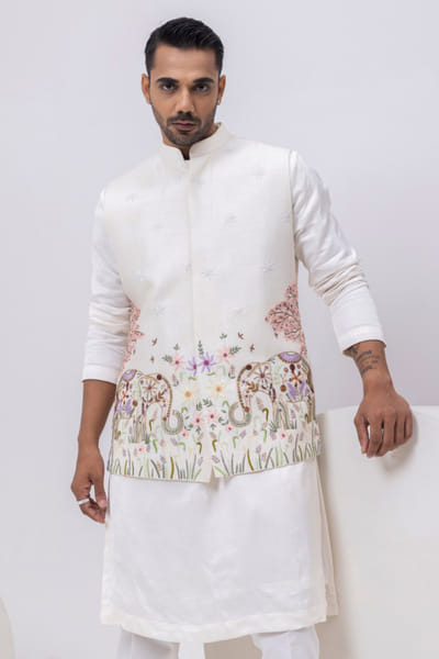 Ivory elephant embroidered Nehru jacket