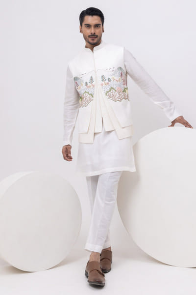 Ivory thread embroidered Nehru jacket set