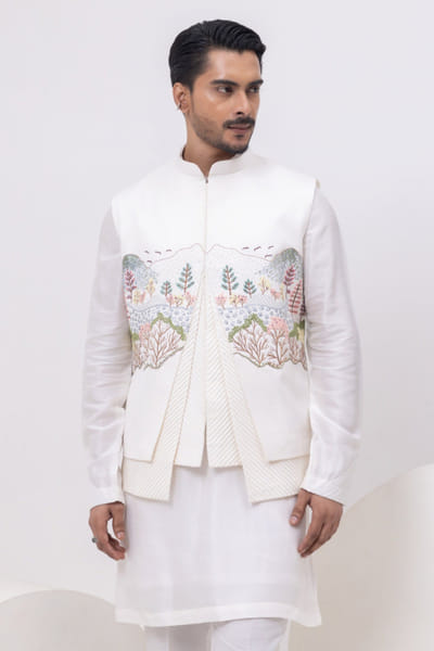 Ivory thread embroidered Nehru jacket