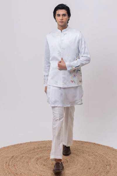 Sky blue swan embroidered Nehru jacket set
