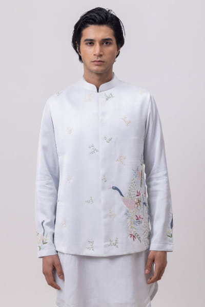 Sky blue swan embroidered Nehru jacket