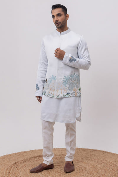 Sky blue embroidered Nehru jacket set