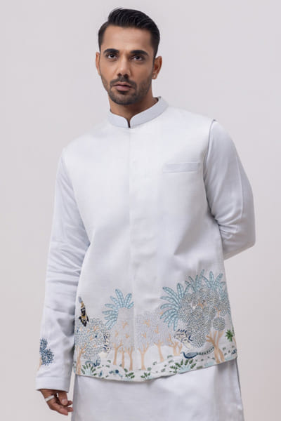 Sky blue peacock embroidered Nehru jacket