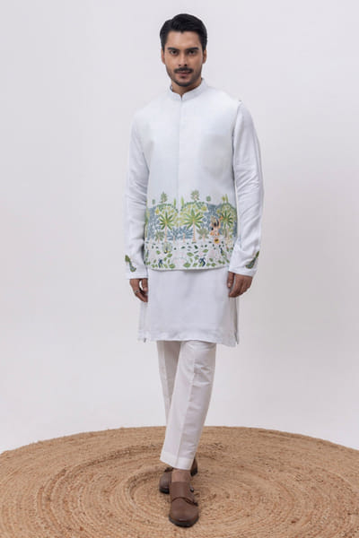 Sky blue floral embroidered Nehru jacket set