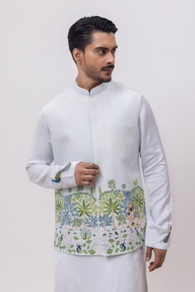 Sky blue floral embroidered Nehru jacket