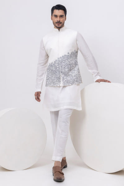 White thread embroidered Nehru jacket set