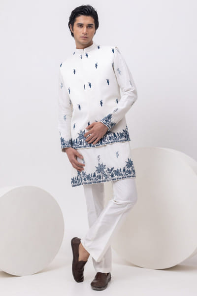 White bird embroidered Nehru jacket set