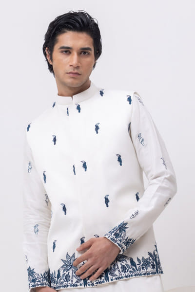 White bird embroidered Nehru jacket