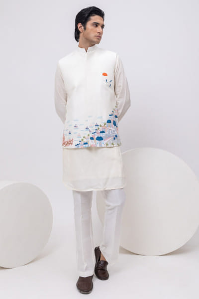 Ivory embroidered Nehru jacket set