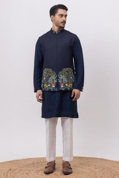 Navy blue forest embroidered Nehru jacket set