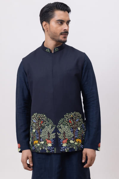 Navy blue forest embroidered Nehru jacket