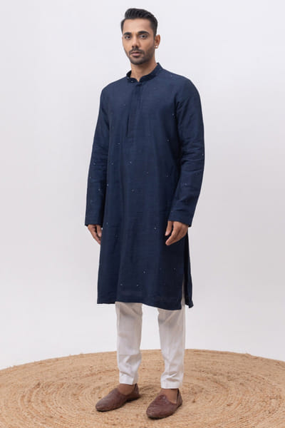 Navy blue embroidered silk kurta set